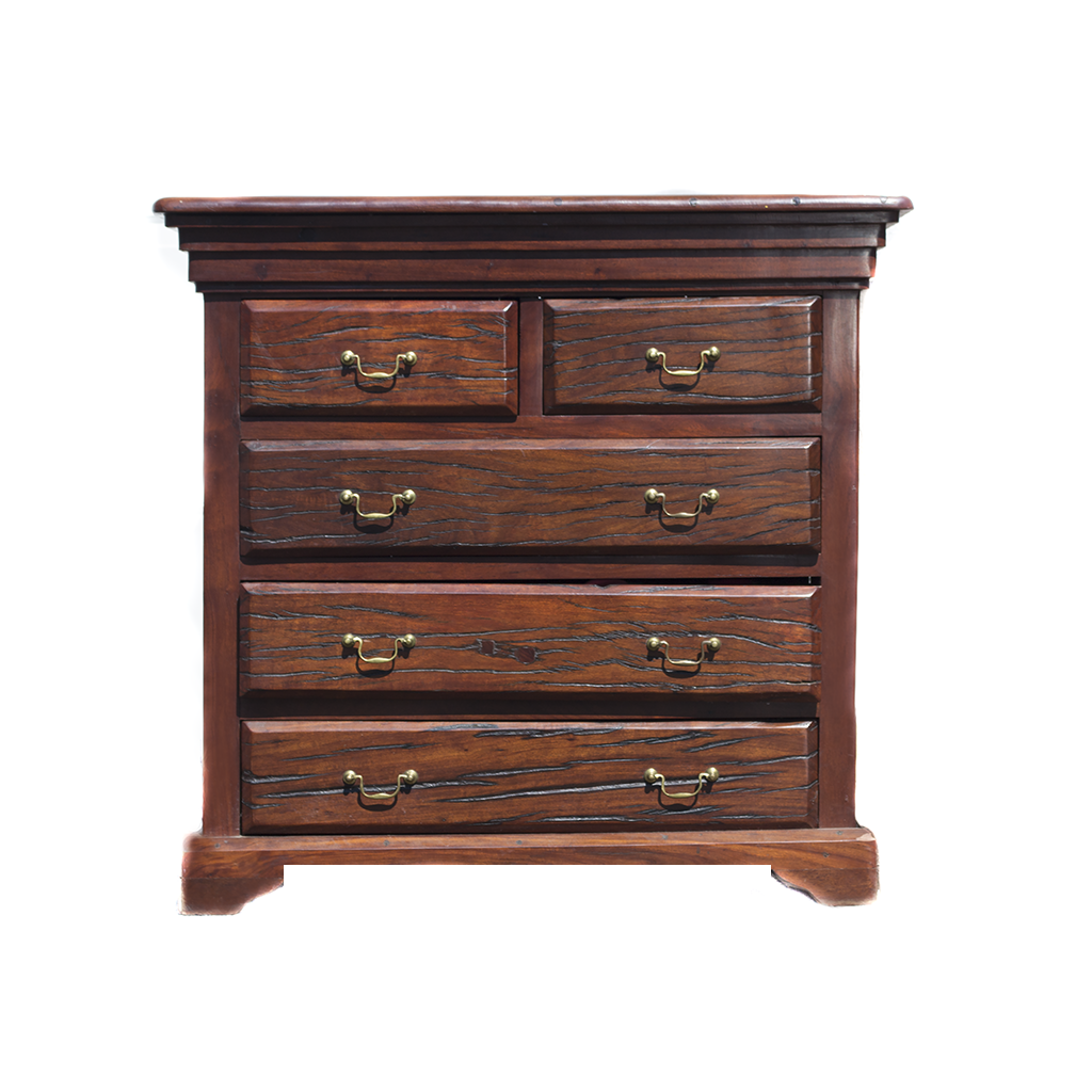 Dresser made from red jarrah wood in Zimbabwe, a low antique railroad chest with five drawers and curved brass handles