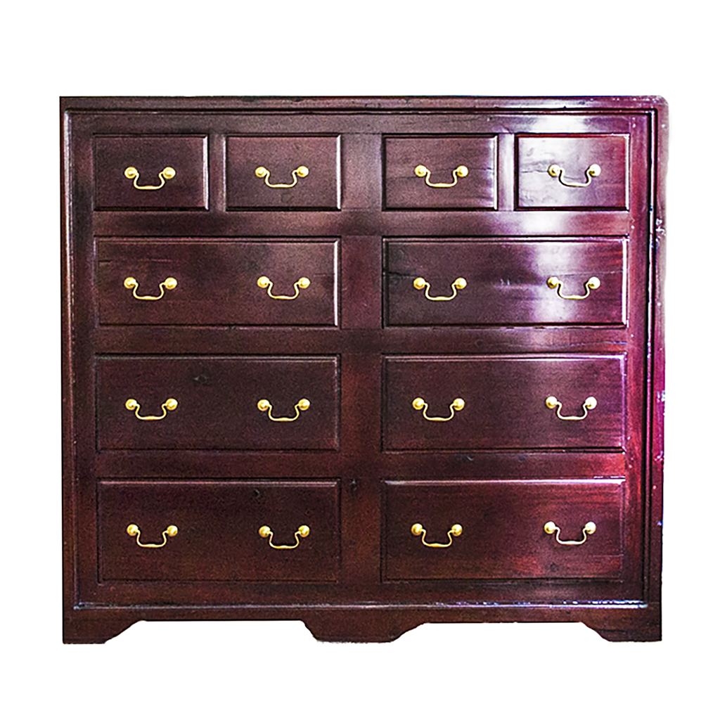 Dresser made from red jarrah wood and brass in Zimbabwe, a wide antique railroad chest with ten drawers and brass handles