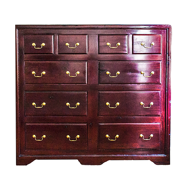 Dresser made from red jarrah wood and brass in Zimbabwe, a wide antique railroad chest with ten drawers and brass handles