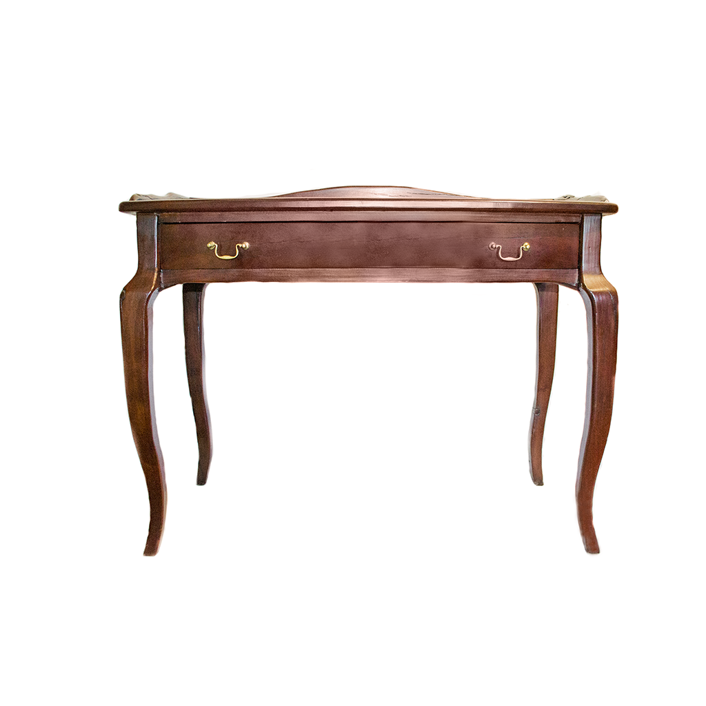 Secretary Desk made from red jarrah wood and brass in Zimbabwe, an antique railroad desk with one drawer and curved legs