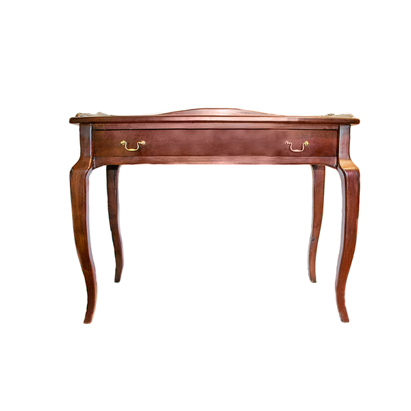 Secretary Desk made from red jarrah wood and brass in Zimbabwe, an antique railroad desk with one drawer and curved legs