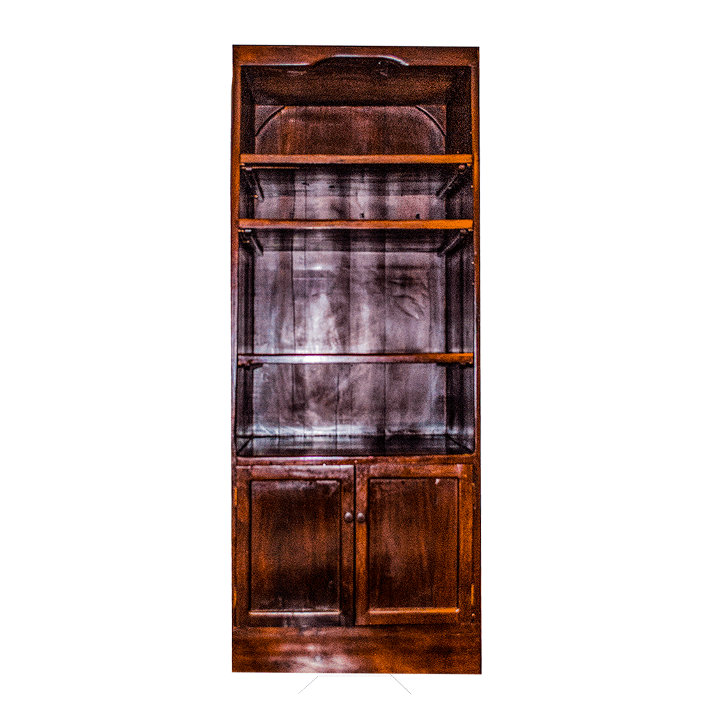 Storage Unit, a tall storage unit made from red jarrah wood in Zimbabwe, with open shelves above two cabinet doors