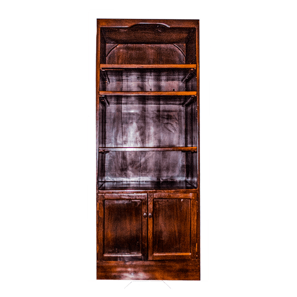 Storage Unit, a tall storage unit made from red jarrah wood in Zimbabwe, with open shelves above two cabinet doors