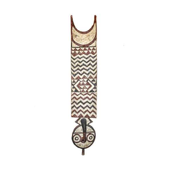 Plank Mask, a Bwa plank mask carved from wood in Burkina Faso, painted in red, white and black zigzags above a round face