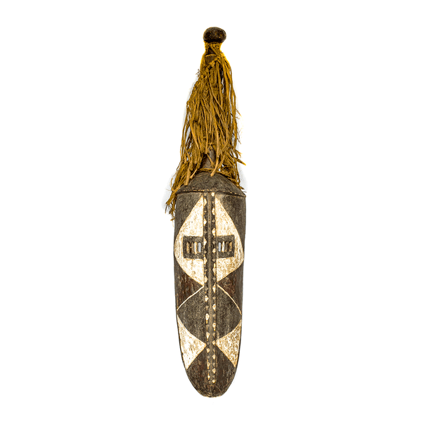 Mask, a Mossi mask made from wood and jute in Burkina Faso, with a long face painted in white diamonds under a fiber fringe