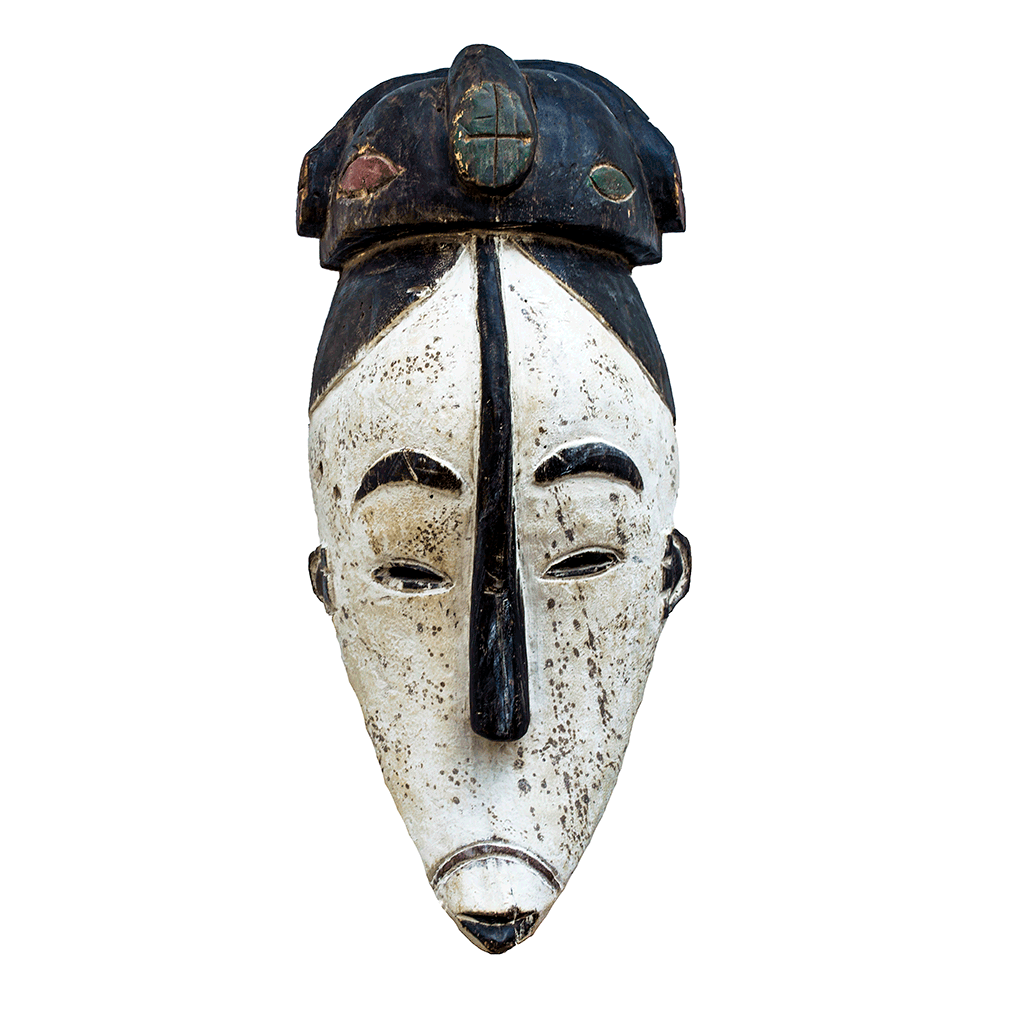 Fang Mask, a white face mask with a dark crest and long black nose, carved from wood by the Fang people of Cameroon