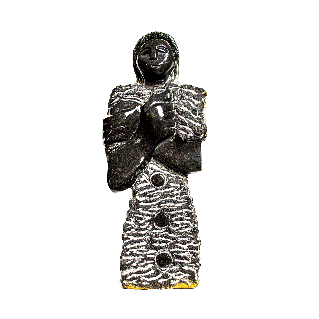 One of a kind African Fine Art: Hand Carved Stone Sculpture 'Protective Woman' by Zimbabwean Artist B.T. Manyandure Made in 1990