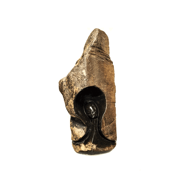 Hidden, a Shona stone sculpture by the artist N.V.M., carved from spring stone in Zimbabwe