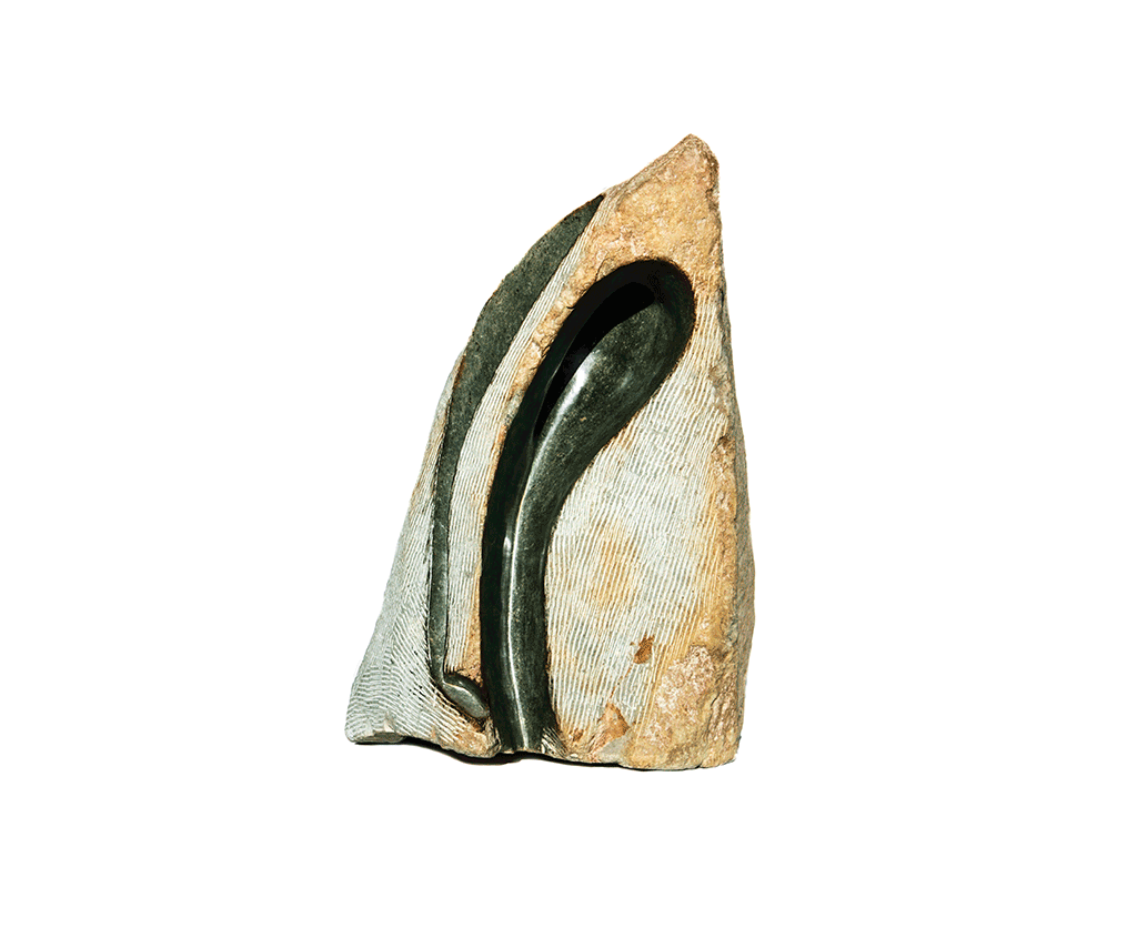 Swan by Kanse, a Shona sculpture carved from serpentine stone in Zimbabwe, a polished green neck set in rough pale stone
