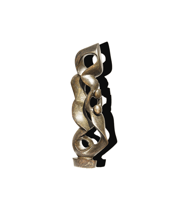 Mother and Child by Agrippa Ndongwe, a Shona sculpture of two twisting figures carved from serpentine stone in Zimbabwe
