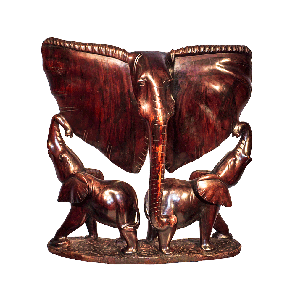 Mother and Children, a mother elephant with two calves beneath her ears, carved from one piece of ebony wood in Kenya