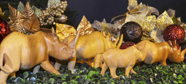 All sizes displayed together (xsmall, small, medium, large): Authentic Vintage Hand Carved Teak Wood 'Rhino' Figurine from Kenya
